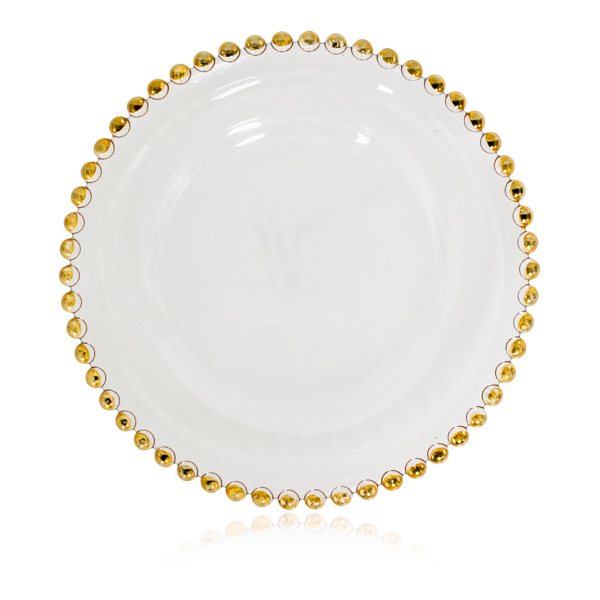 Gold glass beaded charger plate for hire 500 available 