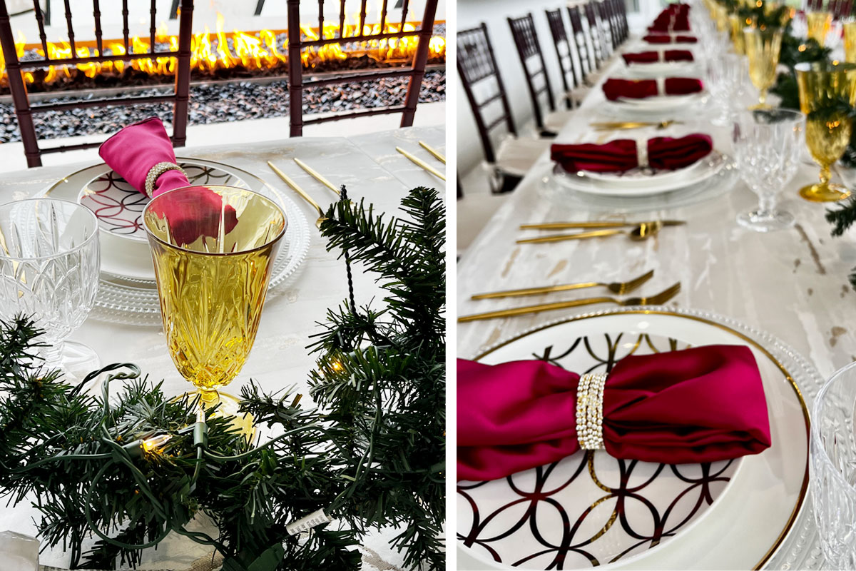 Holiday tabletop with amber glassware and red linen napkins